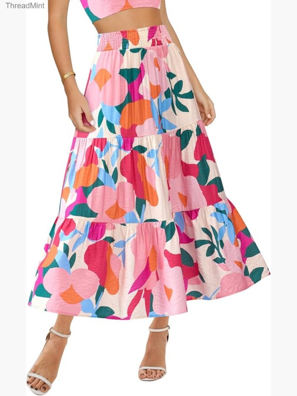 Floral Print High Waist Elastic A-Line Maxi Skirt with Pockets